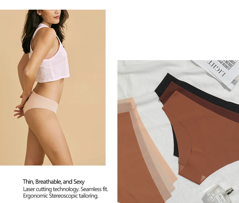 3 Pcs Seamless Panties for Women Breathable Low Waist Sexy Underwear Solid Silk Panties Brief Female Lingerie