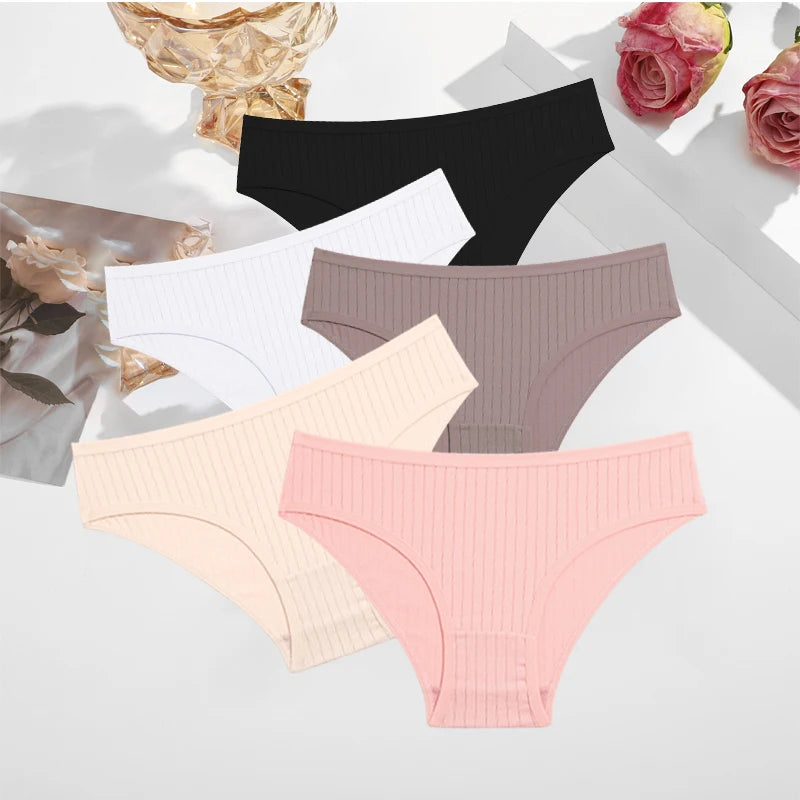 5PCS/SET Cotton Ribbed Striped Underwear for Women Plus Size 10 Soild Colours Stretch Briefs Ladies Soft Lingerie S-7XL