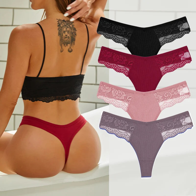 4PCS Cotton G-string Women Lingerie Sexy Lace Panties Thongs Femme Underwear Sexy Pantys Underpant Lingerie Lace Intimates S-XL