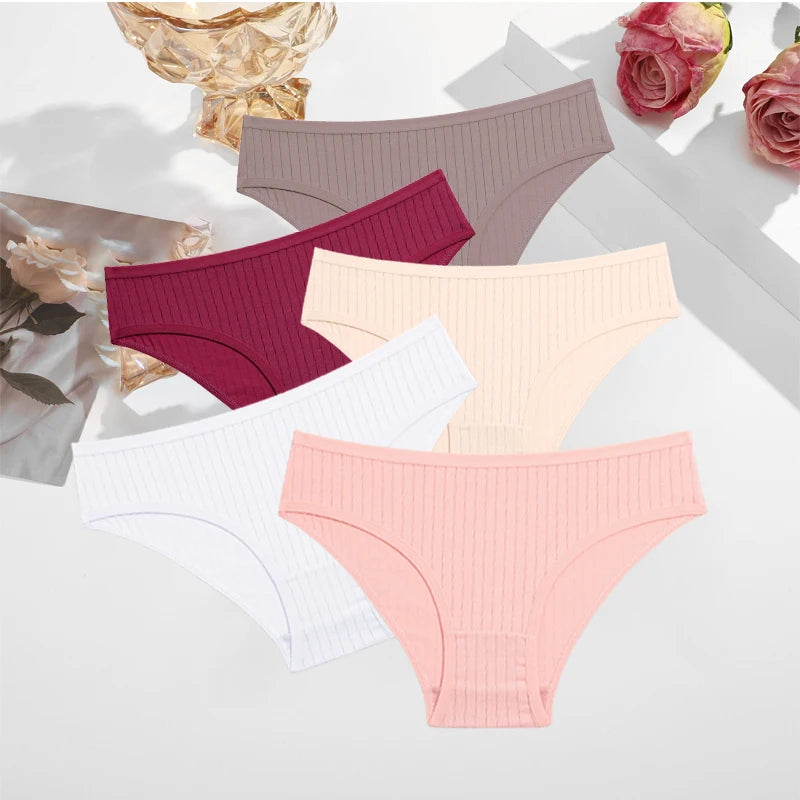 5PCS/SET Cotton Ribbed Striped Underwear for Women Plus Size 10 Soild Colours Stretch Briefs Ladies Soft Lingerie S-7XL