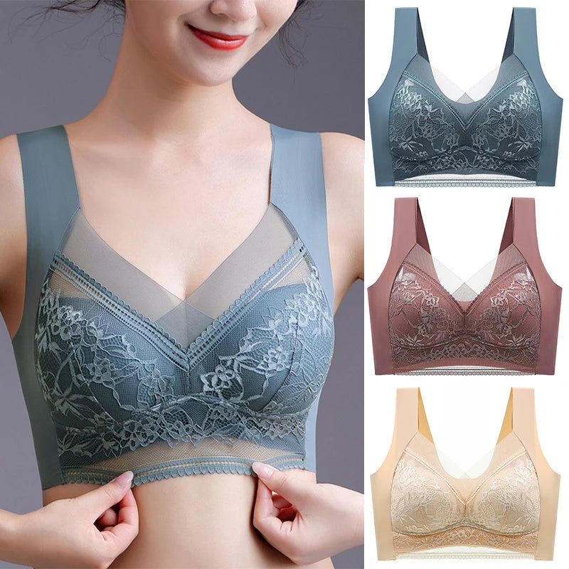 FallSweet Seamless Ice Silk Push Up Bra for Women Wireless Lace Bralette Plus Size Brassiere Summer Comfort Underwear Lingerie