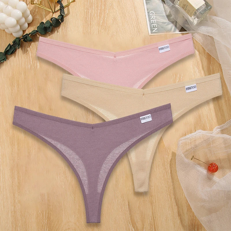 3PCS/Set G-string Panties Waffle Cotton Women's Underwear Sexy Panties Female Underpants Thong V-Waist Pantys Lingerie