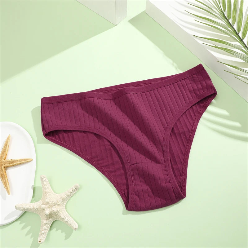 5PCS/SET Cotton Ribbed Striped Underwear for Women Plus Size 10 Soild Colours Stretch Briefs Ladies Soft Lingerie S-7XL