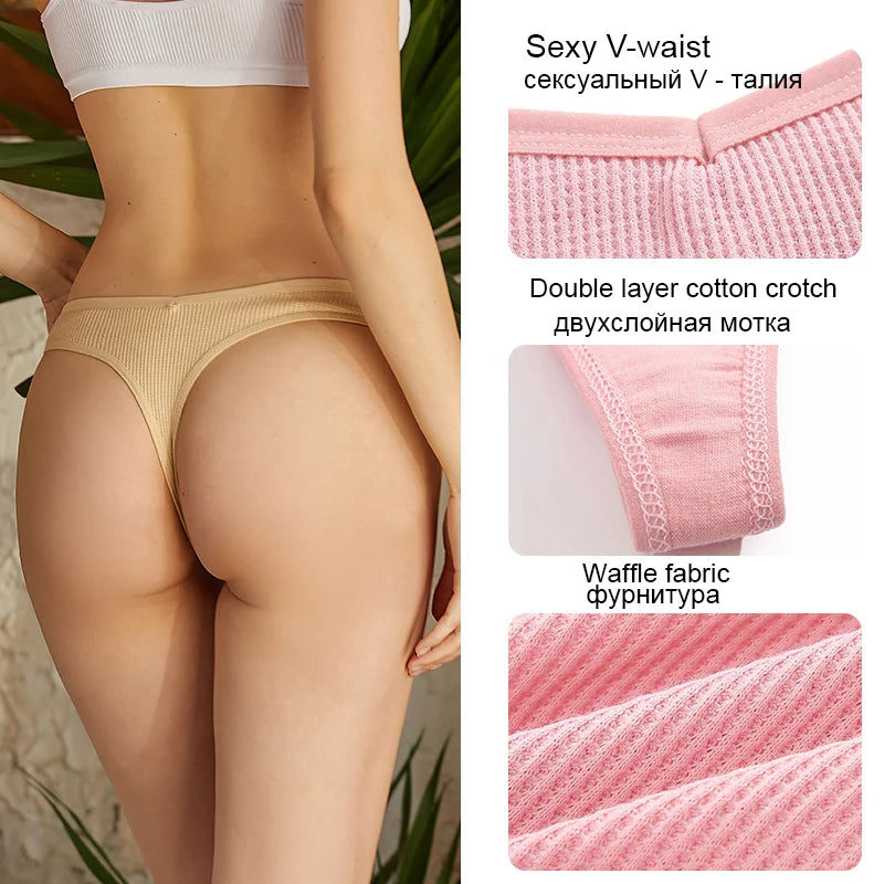 3PCS/Set G-string Panties Waffle Cotton Women's Underwear Sexy Panties Female Underpants Thong V-Waist Pantys Lingerie