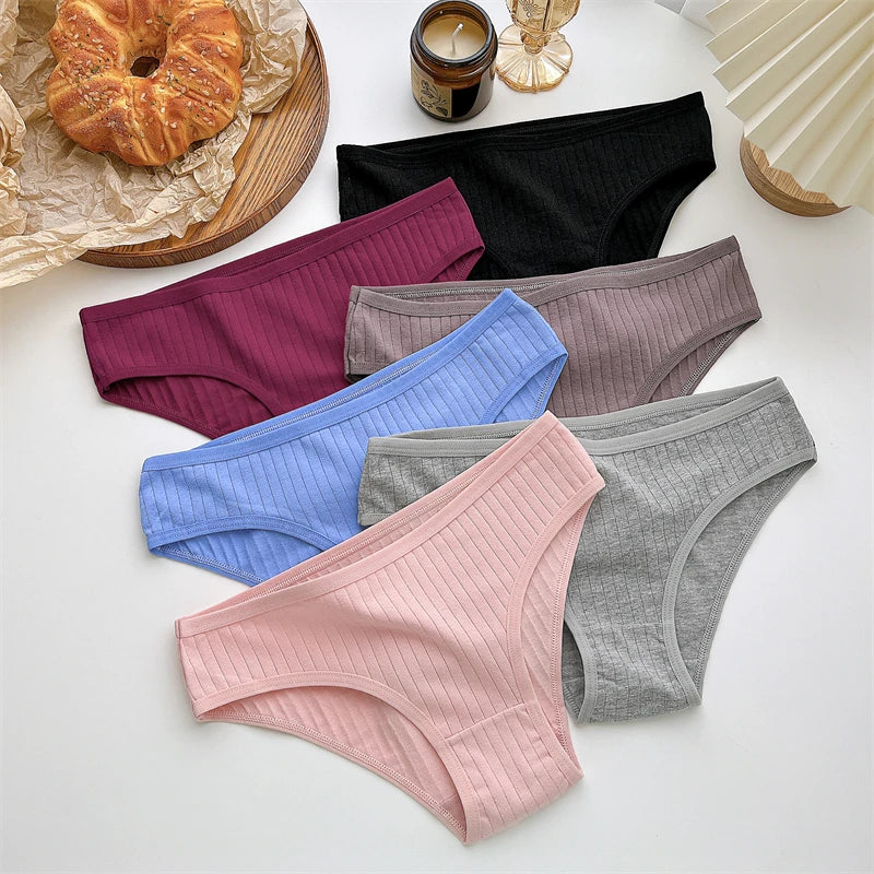 5PCS/SET Cotton Ribbed Striped Underwear for Women Plus Size 10 Soild Colours Stretch Briefs Ladies Soft Lingerie S-7XL