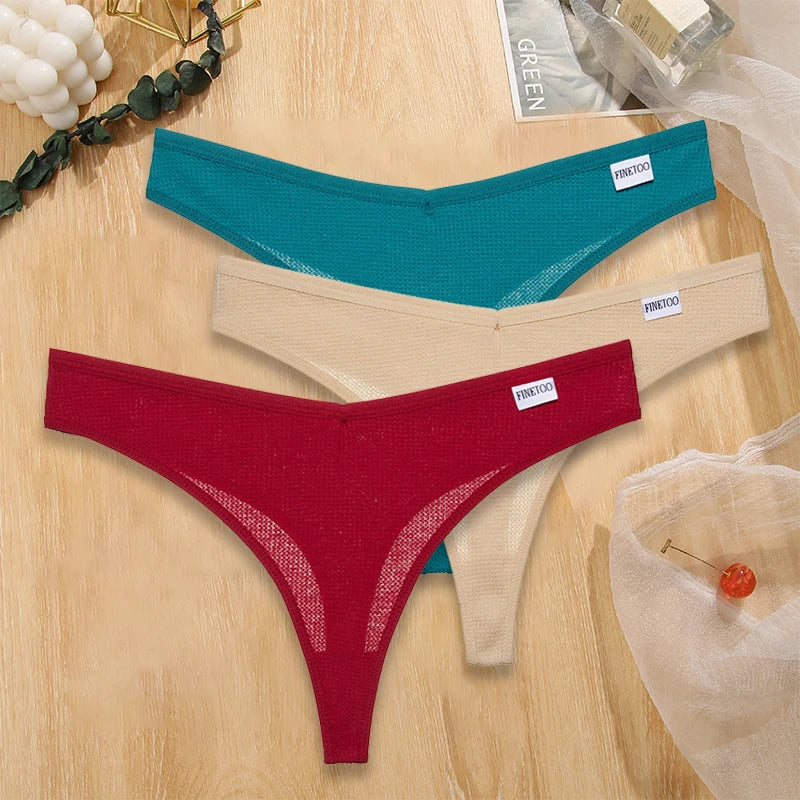 3PCS/Set G-string Panties Waffle Cotton Women's Underwear Sexy Panties Female Underpants Thong V-Waist Pantys Lingerie