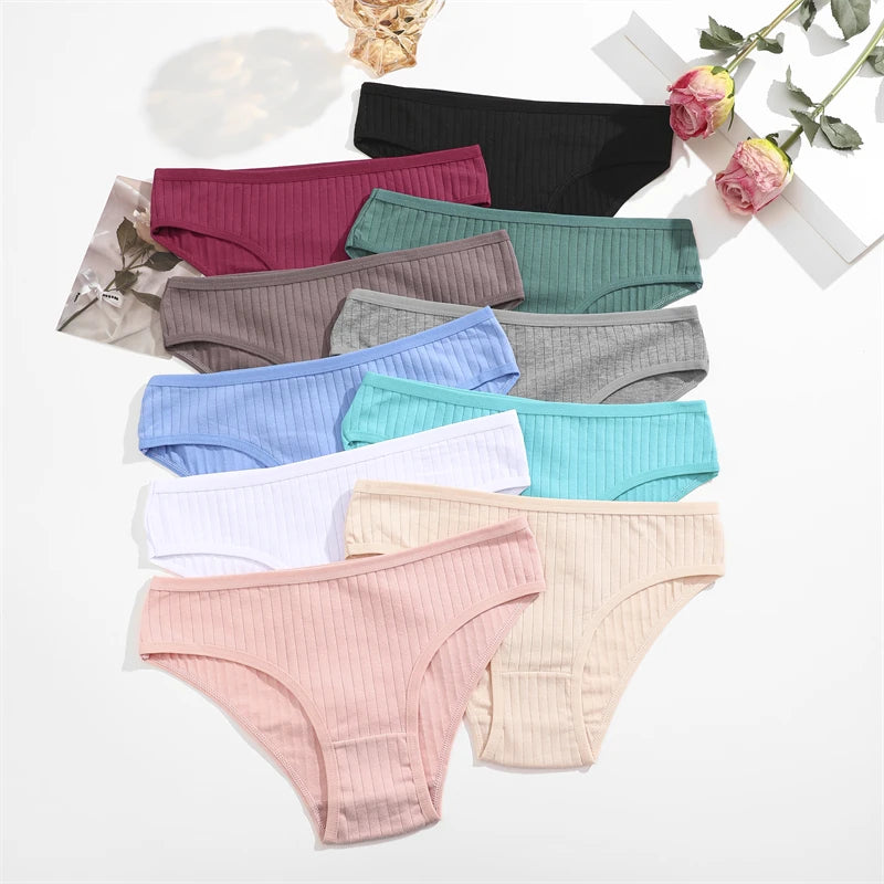 5PCS/SET Cotton Ribbed Striped Underwear for Women Plus Size 10 Soild Colours Stretch Briefs Ladies Soft Lingerie S-7XL