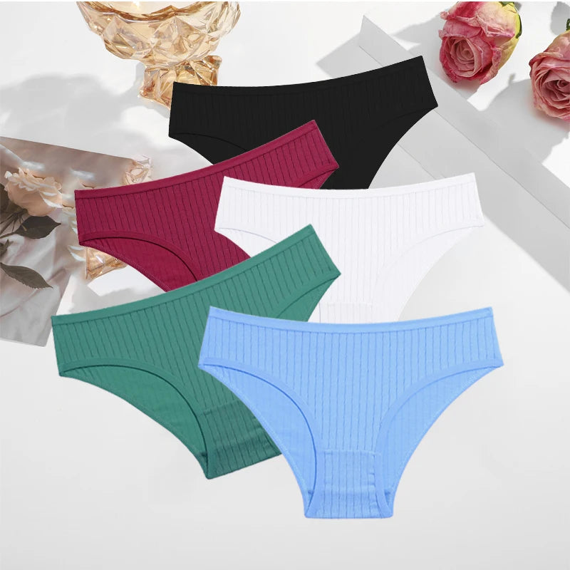 5PCS/SET Cotton Ribbed Striped Underwear for Women Plus Size 10 Soild Colours Stretch Briefs Ladies Soft Lingerie S-7XL