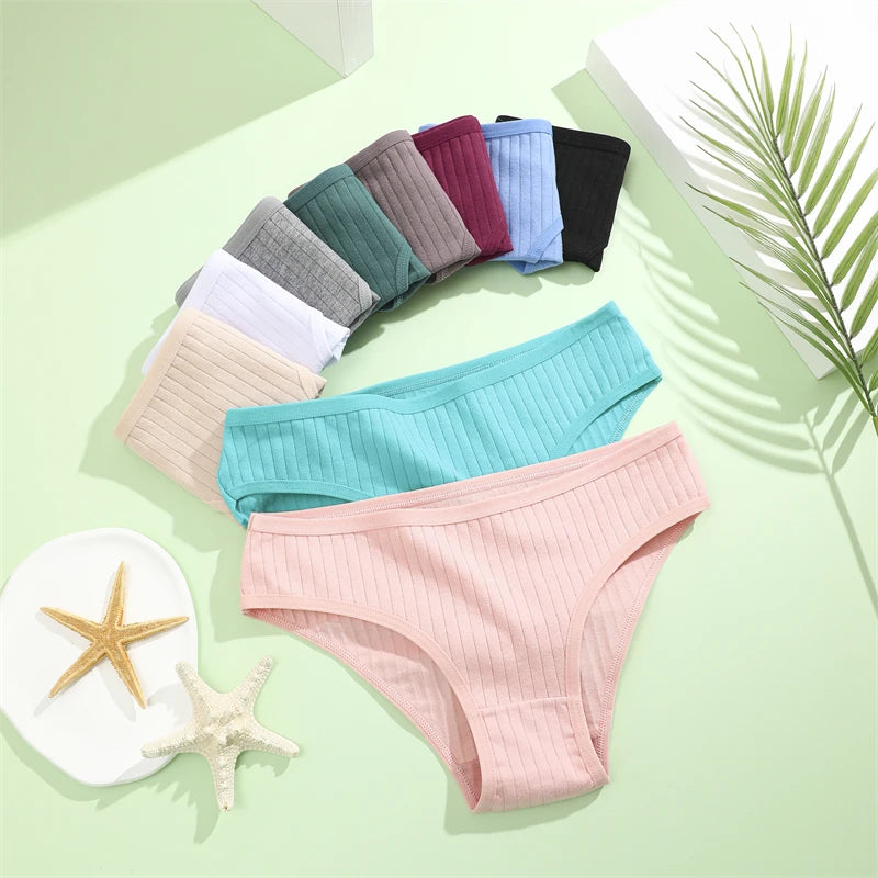 5PCS/SET Cotton Ribbed Striped Underwear for Women Plus Size 10 Soild Colours Stretch Briefs Ladies Soft Lingerie S-7XL