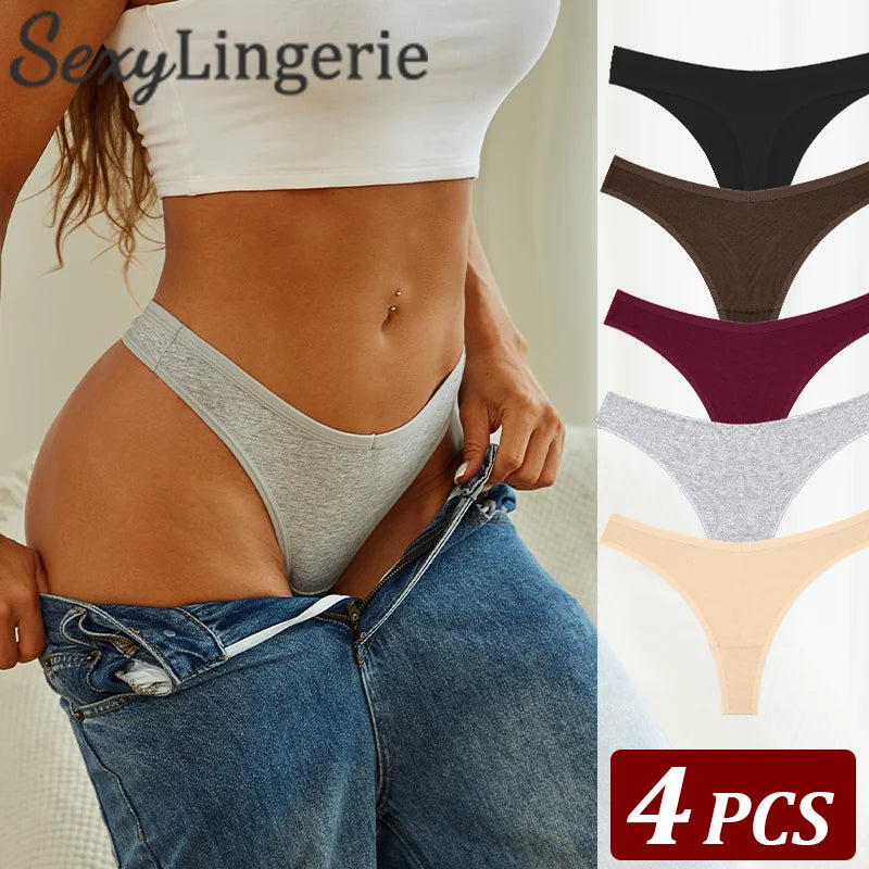 4PCS Women Cotton Thongs Female Sexy Low Waist Panties G-String Underwear Thongs Striped Panties Female Underwear T-Back Intimat