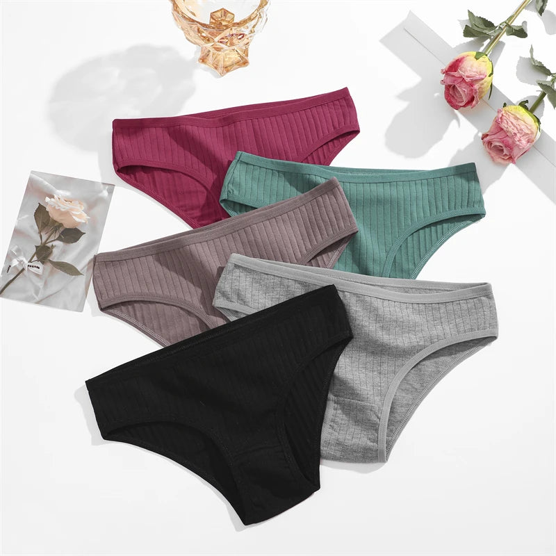 5PCS/SET Cotton Ribbed Striped Underwear for Women Plus Size 10 Soild Colours Stretch Briefs Ladies Soft Lingerie S-7XL