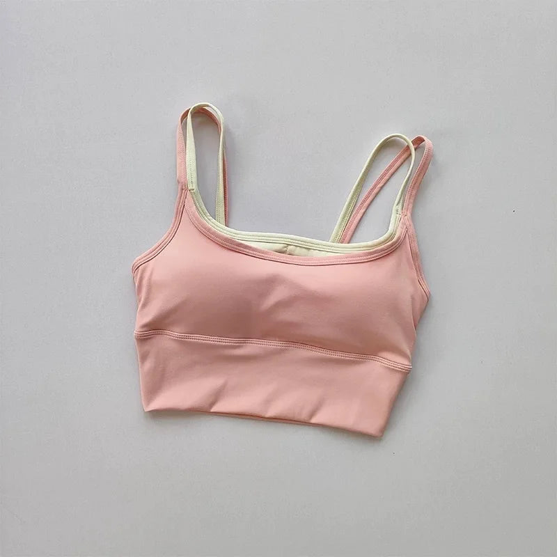 Women's yoga sports bra, shoulder straps with color blocking design, camisole yoga fitness bra