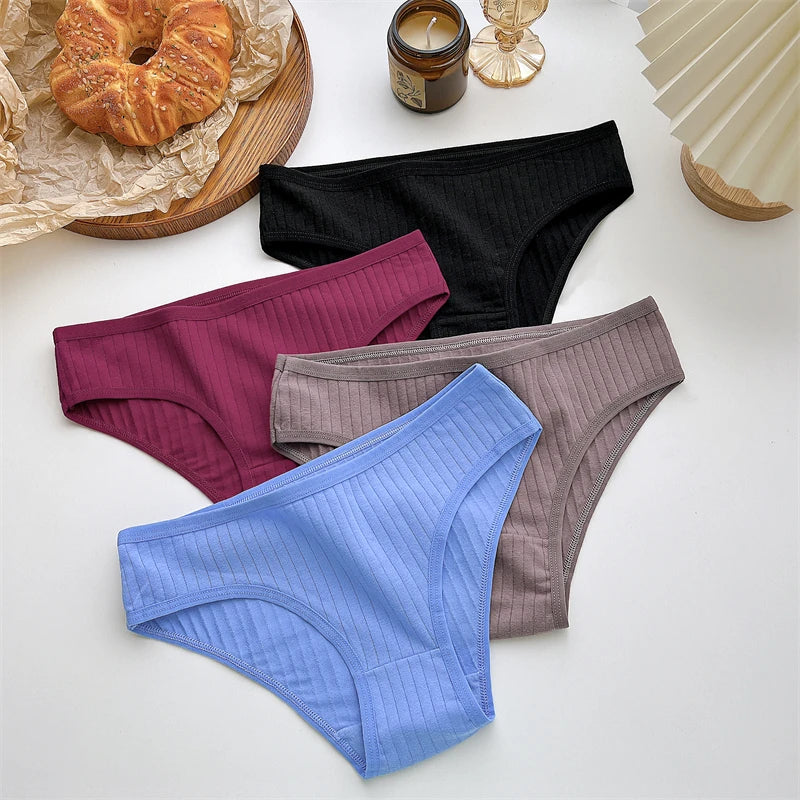 5PCS/SET Cotton Ribbed Striped Underwear for Women Plus Size 10 Soild Colours Stretch Briefs Ladies Soft Lingerie S-7XL