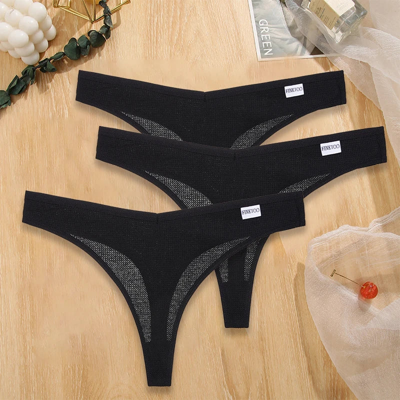 3PCS/Set G-string Panties Waffle Cotton Women's Underwear Sexy Panties Female Underpants Thong V-Waist Pantys Lingerie
