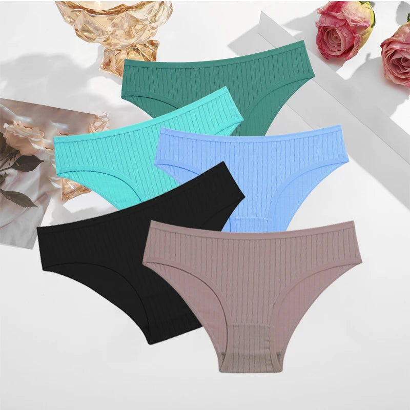 5PCS/SET Cotton Ribbed Striped Underwear for Women Plus Size 10 Soild Colours Stretch Briefs Ladies Soft Lingerie S-7XL