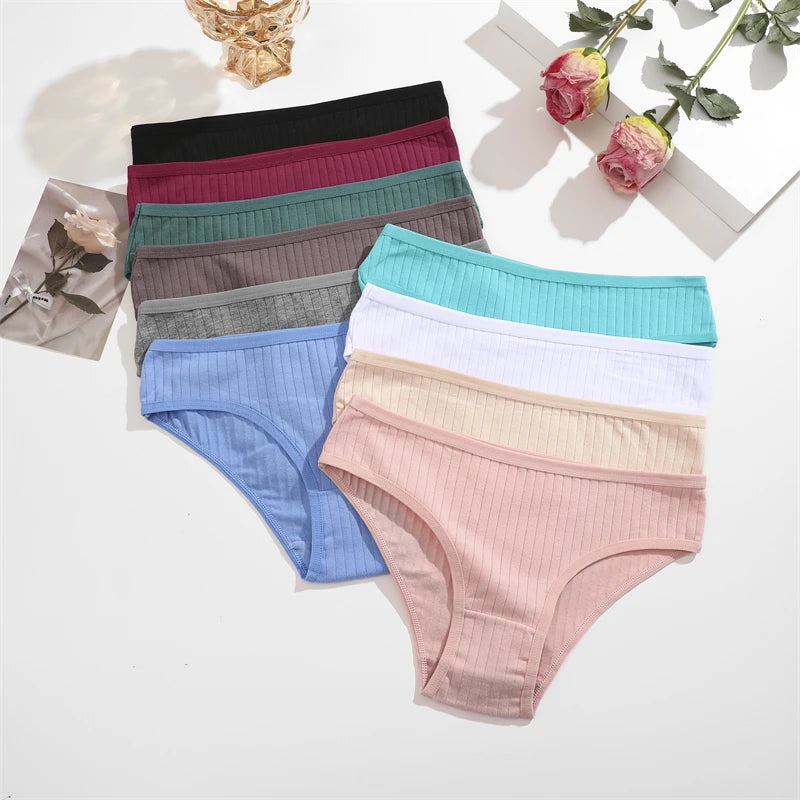 5PCS/SET Cotton Ribbed Striped Underwear for Women Plus Size 10 Soild Colours Stretch Briefs Ladies Soft Lingerie S-7XL
