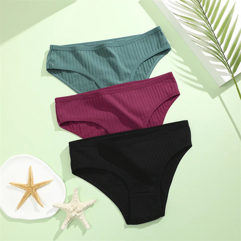 5PCS/SET Cotton Ribbed Striped Underwear for Women Plus Size 10 Soild Colours Stretch Briefs Ladies Soft Lingerie S-7XL