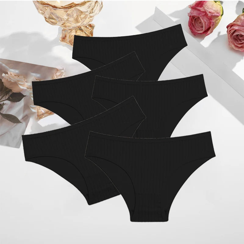 5PCS/SET Cotton Ribbed Striped Underwear for Women Plus Size 10 Soild Colours Stretch Briefs Ladies Soft Lingerie S-7XL