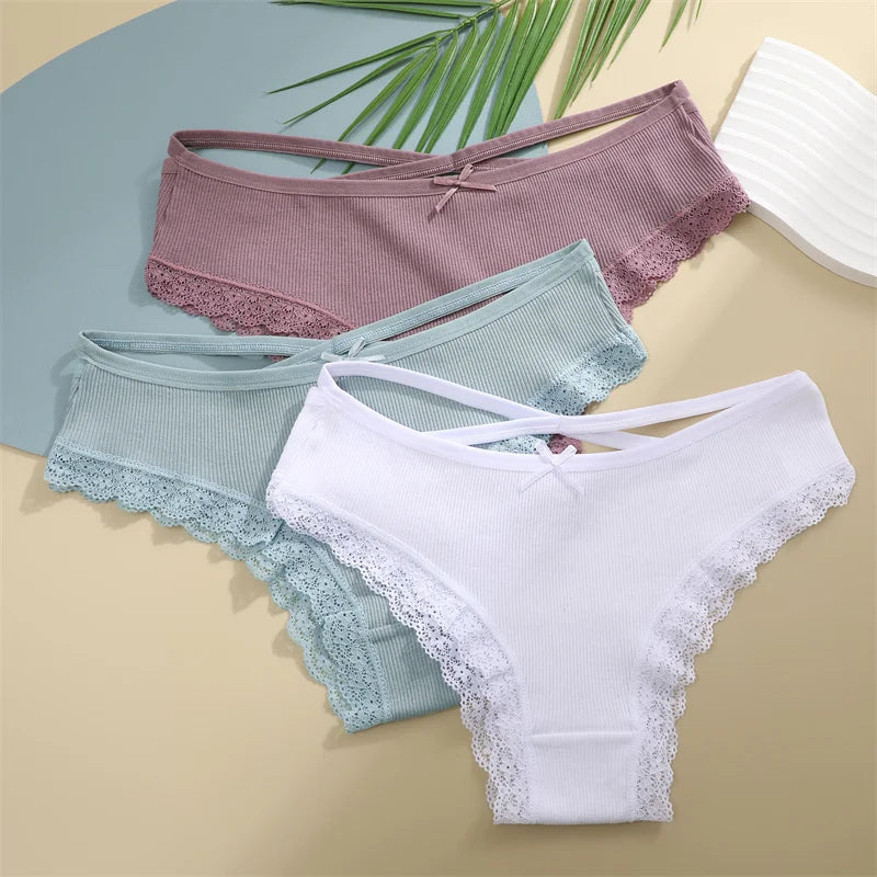 3PCS/Set Women Cotton Panties Sexy Low Rise Lace Brazilian Panties Hollow Out Soft Breathable Lingerie Female Bow Underwear S-XL