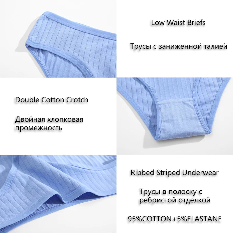 5PCS/SET Cotton Ribbed Striped Underwear for Women Plus Size 10 Soild Colours Stretch Briefs Ladies Soft Lingerie S-7XL