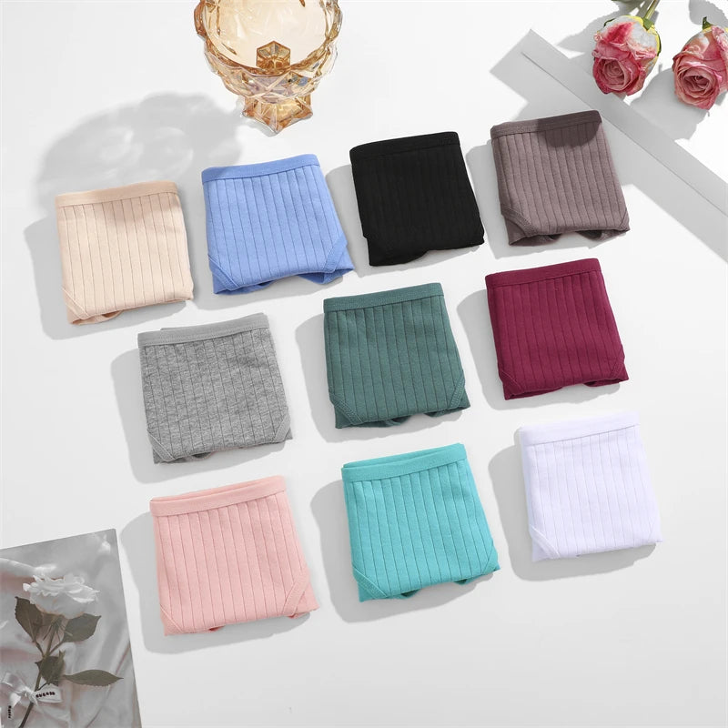 5PCS/SET Cotton Ribbed Striped Underwear for Women Plus Size 10 Soild Colours Stretch Briefs Ladies Soft Lingerie S-7XL