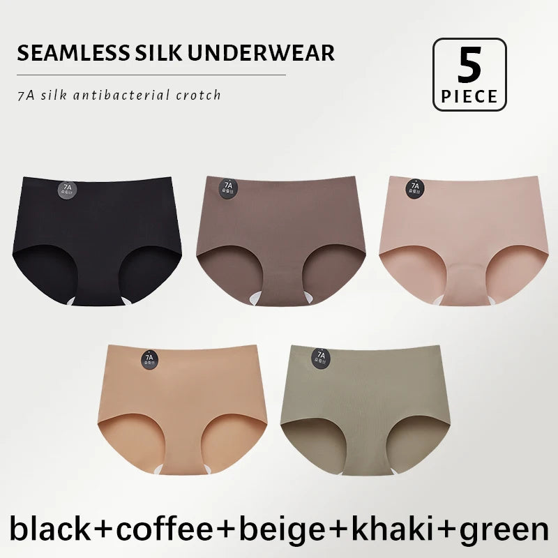 5PCS Seamless Mulberry Silk Panties Woman Underwear Ultra-Thin High Elastic Invisible Briefs Soft & Breathable Female Lingerie