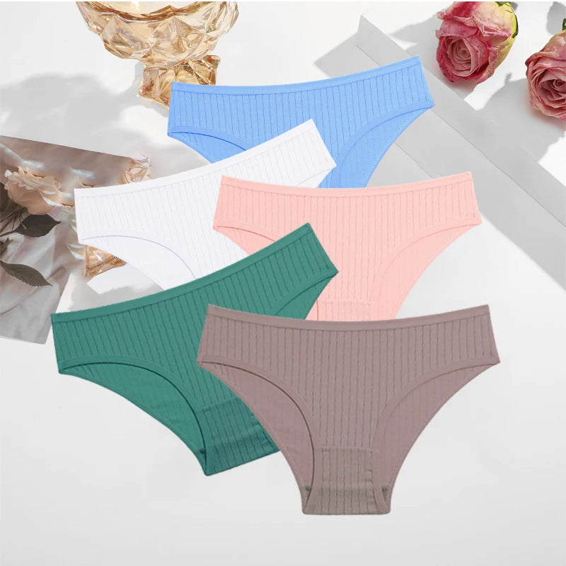 5PCS/SET Cotton Ribbed Striped Underwear for Women Plus Size 10 Soild Colours Stretch Briefs Ladies Soft Lingerie S-7XL