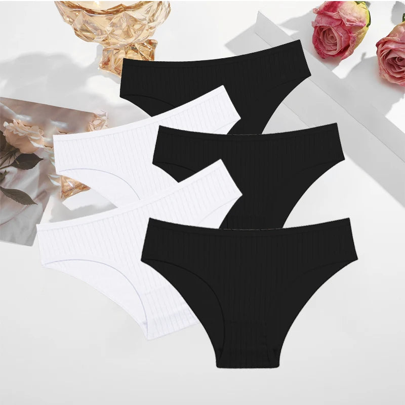 5PCS/SET Cotton Ribbed Striped Underwear for Women Plus Size 10 Soild Colours Stretch Briefs Ladies Soft Lingerie S-7XL