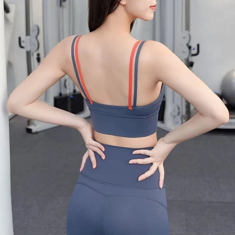 Women's yoga sports bra, shoulder straps with color blocking design, camisole yoga fitness bra