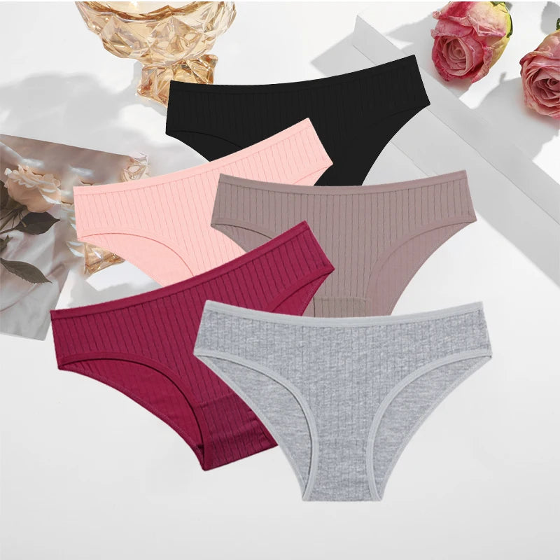 5PCS/SET Cotton Ribbed Striped Underwear for Women Plus Size 10 Soild Colours Stretch Briefs Ladies Soft Lingerie S-7XL